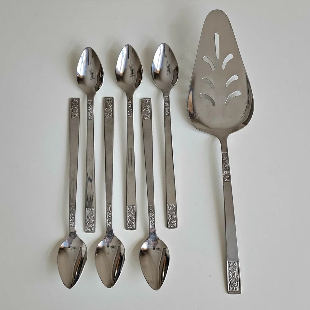 Customcraft Set of 6 Iced Tea Spoons & Pie Server Stainless Flatware Floral